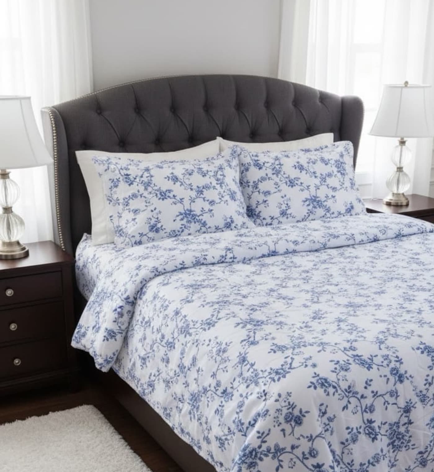 Bedding styled in blue toile print