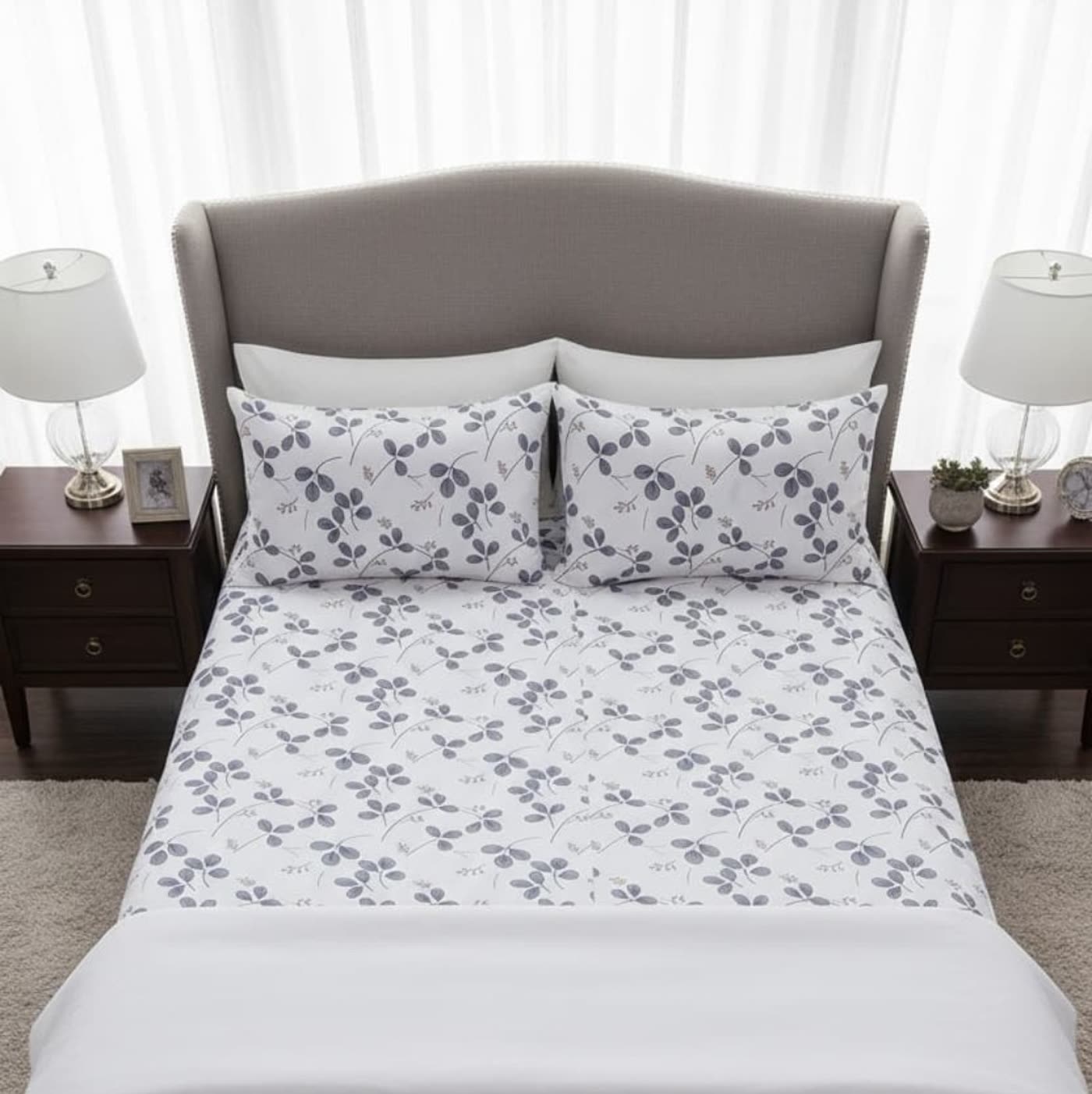 Grey leaf print styled with curtains